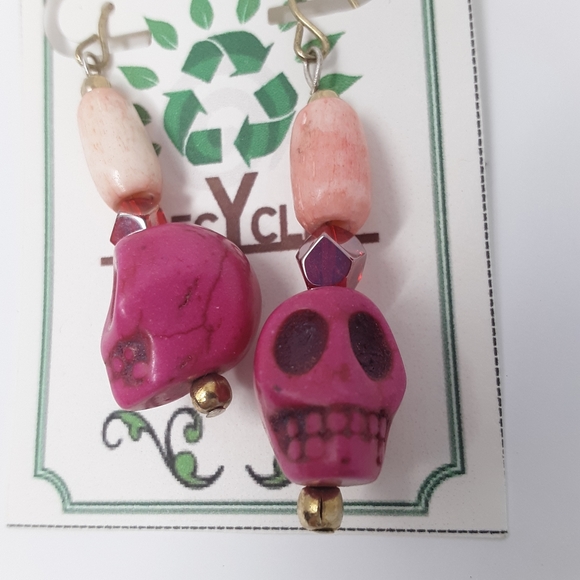 Handmade Pink Skull Earrings With Repurposed Beads - Picture 6 of 8